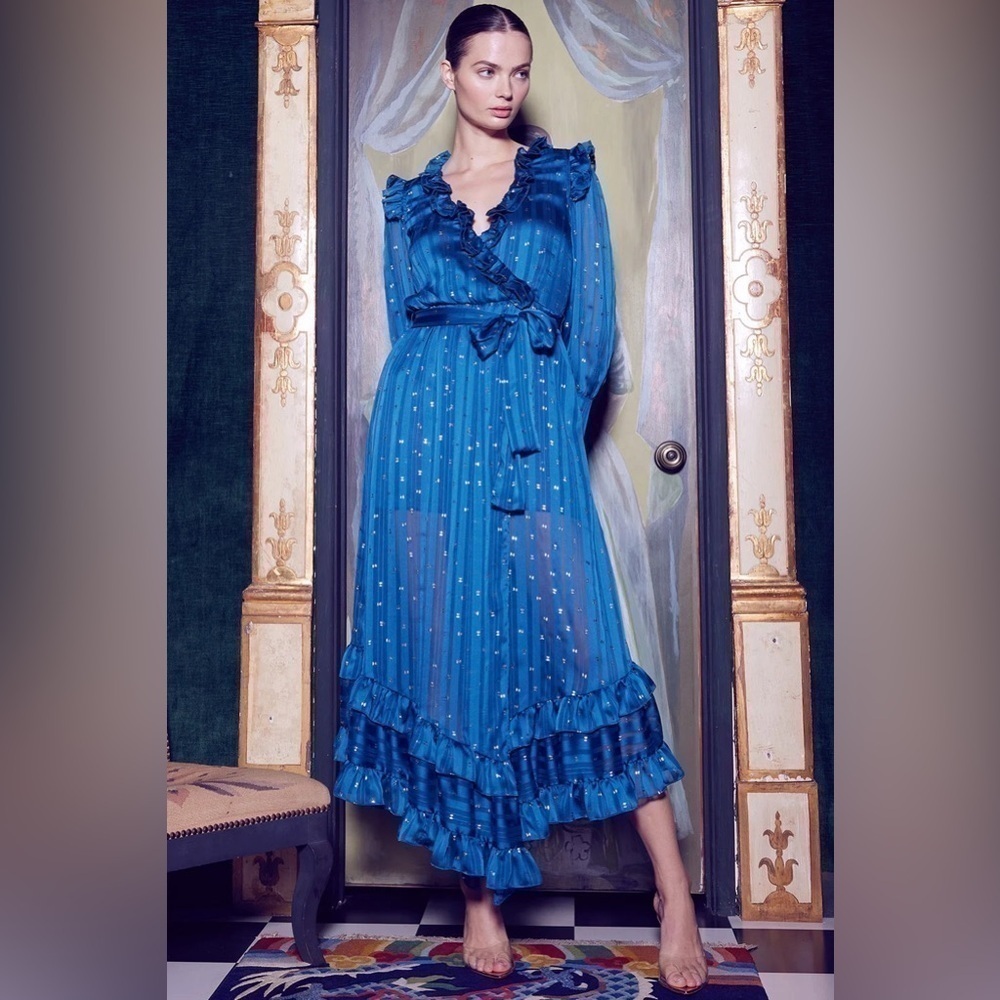 Anthropologie Misa Los Angeles Blue Ruffle Maxi Long Sleeve V Neck Sheer Dress